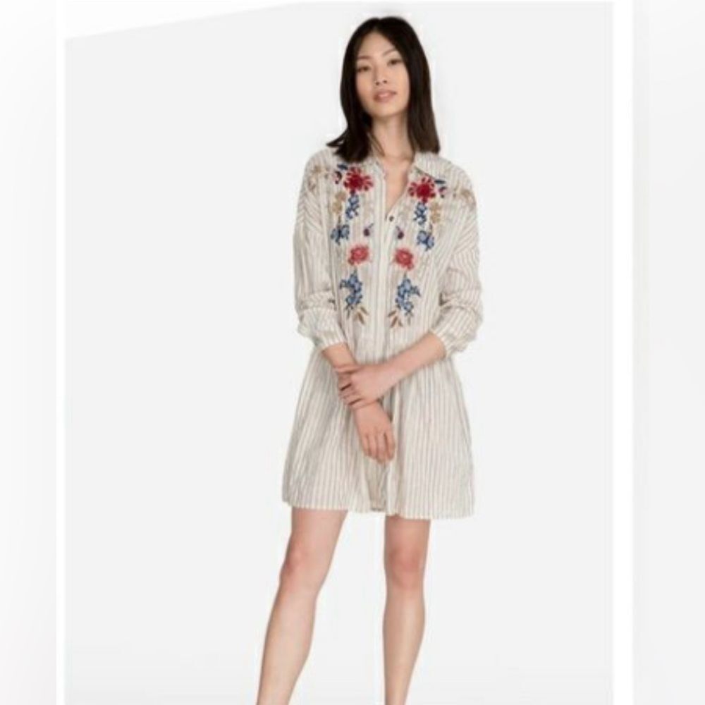 Johnny Was Womens Button Front Floral Embroidered Striped Dress White Medium